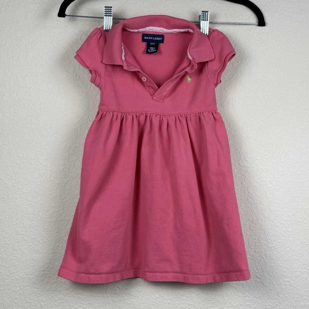Ralph Lauren Girls Pink Polo Dress Sz 4/4T Green Pony Logo Collared Preppy‎